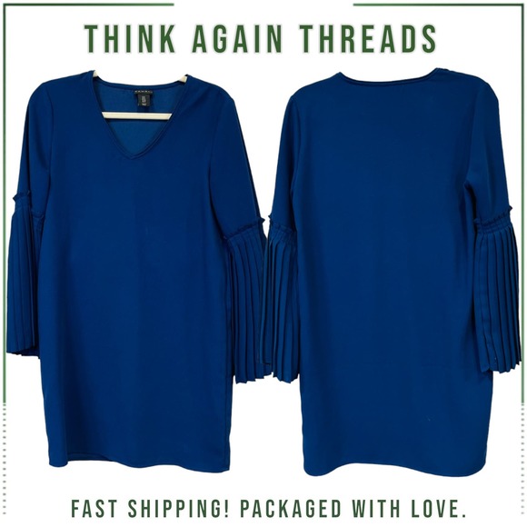 Tahari Pleated Bell Sleeve V Neck Women's Shift Dress Blue Size 6 - Picture 1 of 10